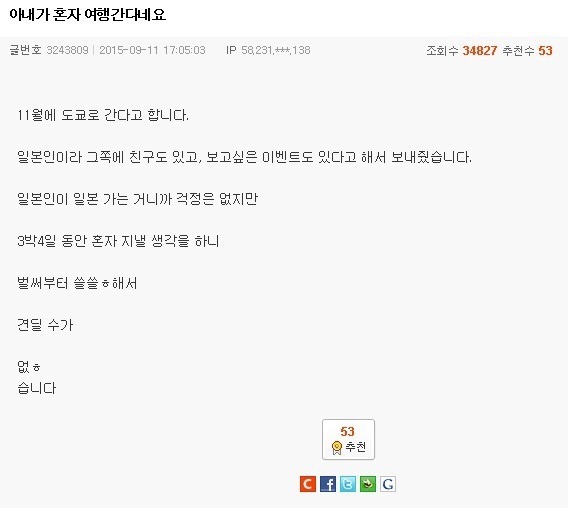 아내가 여행가서 쓸쓸한 남편 | 인스티즈